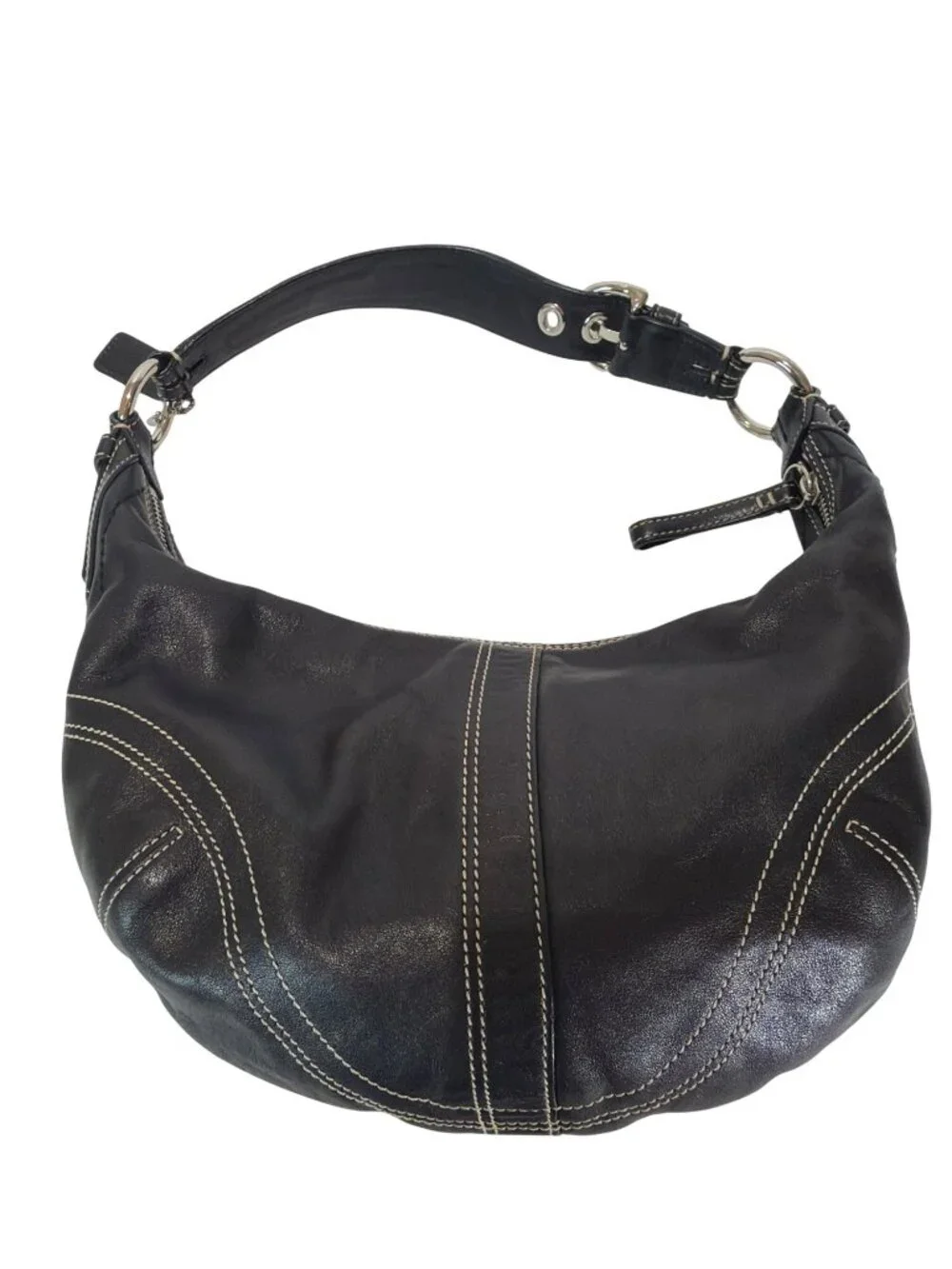 Coach Vintage Y2K Black Leather Soho Hobo Crescent Bag With White Contrast Stitc
